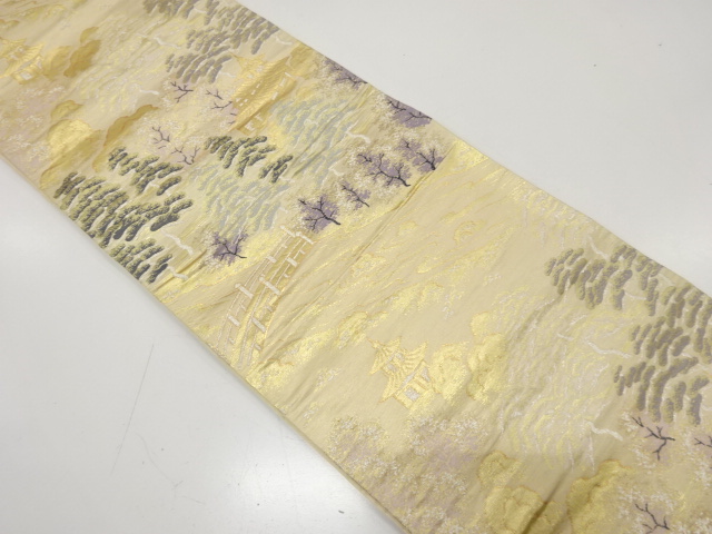 JAPANESE KIMONO / ANTIQUE FUKURO OBI / SILK / WOVEN SCENRY IN TEMPLES